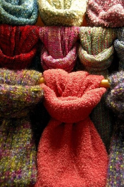 Europe, Ireland, Kerry County, Ring of Kerry. Gap of Dunloe Industries, colorful wool scarves