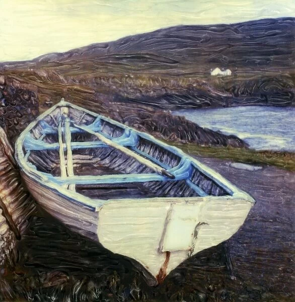 Europe, Ireland, near Donagel. White rowboat with blue trim by harbor. Polaroid SX70