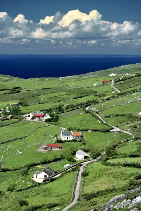 Framed Print : Europe, Ireland, Ring of Kerry. Red-roofed homes interrupt the green of Ring of Kerry Framed Print : Europe, Ireland, Ring of Kerry. Red-roofed homes interrupt the green of Ring of Kerry