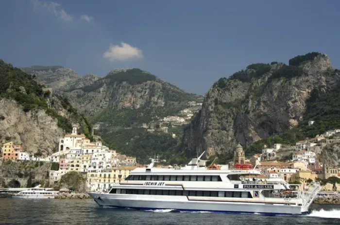Framed Print : Europe, Italy, Amalfi Coast, Bay of Salerno, Amalfi. Local ferry