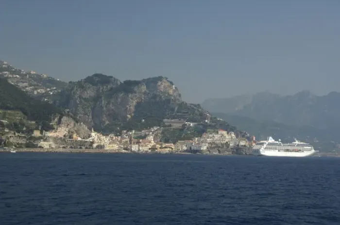 Framed Print : Europe, Italy, Amalfi Coast, Bay of Salerno, Amalfi. Oceania cruise ship, Regatta