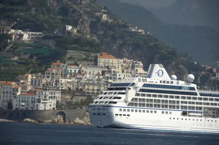 Framed Print : Europe, Italy, Amalfi Coast, Bay of Salerno, Amalfi. Oceania cruise ship, Regatta