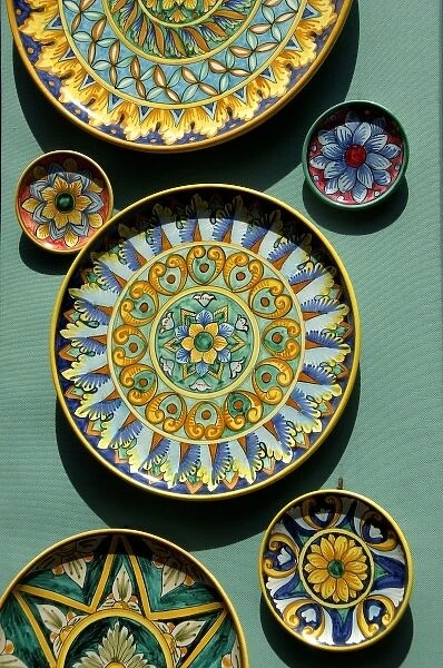 Europe, Italy, Amalfi Coast, Bay of Salerno, Amalfi. Typical Italian painted pottery plates