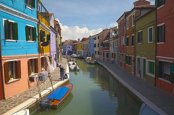 Europe; Italy; Burano; Bright Colored Homes Along the Canal