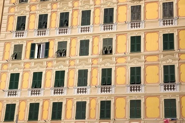 Europe, Italy, Camogli. Building painted in the trompe d oeil or fool-the-eye style