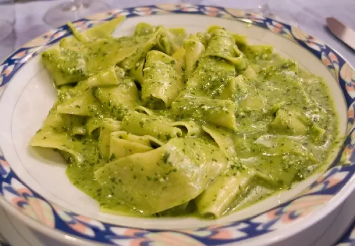 Framed Print : Europe, Italy, Camogli. Plate of pasta with pesto sauce