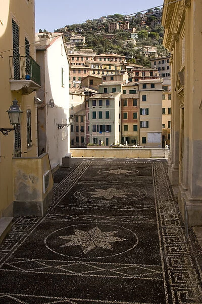 Europe, Italy, Camogli. Stone mosaic at the Santa Maria dell Assunta Church. Credit as