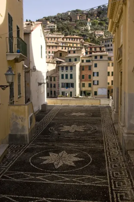 Framed Print : Europe, Italy, Camogli. Stone mosaic at the Santa Maria dell Assunta Church. Credit as
