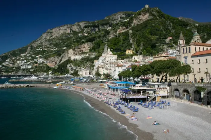 Framed Print : Europe, Italy, Campania, (Amalfi Coast), Amalfi: Town View with Beach  /  Morning