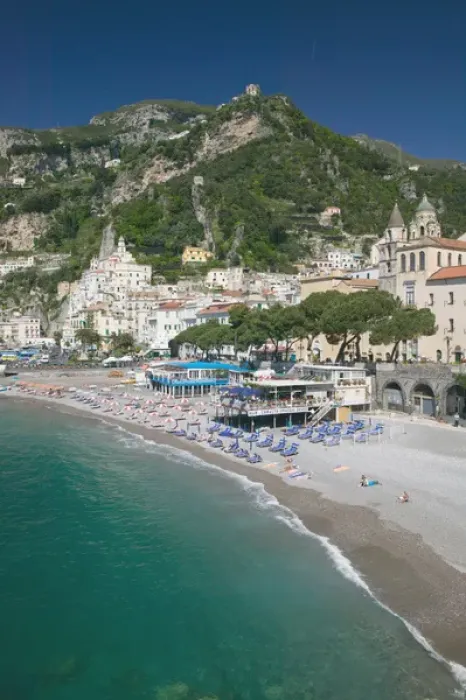 Framed Print : Europe, Italy, Campania, (Amalfi Coast), Amalfi: Town View with Beach  /  Morning