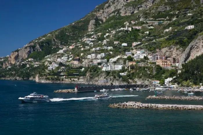 Framed Print : Europe, Italy, Campania, (Amalfi Coast), Amalfi: Town View with Harbor  /  Morning