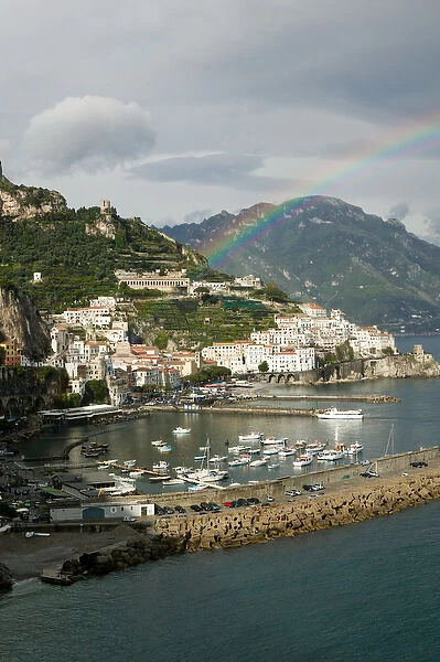 Europe, Italy, Campania (Amalfi Coast) Amalfi: Town View with Rainbow