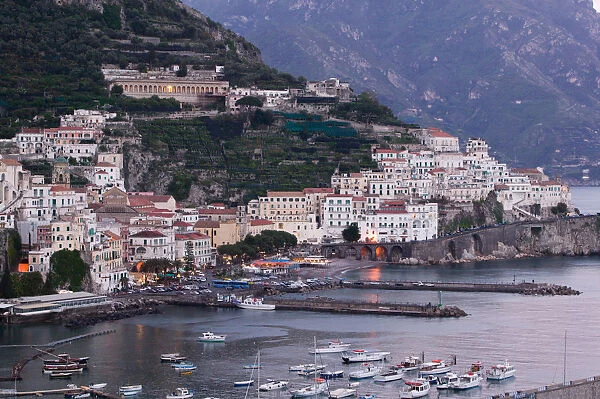 Europe, Italy, Campania (Amalfi Coast) Amalfi: Town View with Harbor  /  Evening