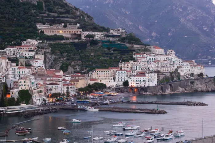 Framed Print : Europe, Italy, Campania (Amalfi Coast) Amalfi: Town View with Harbor  /  Evening