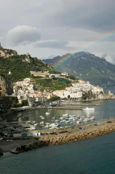 Framed Print : Europe, Italy, Campania (Amalfi Coast) Amalfi: Town View with Rainbow