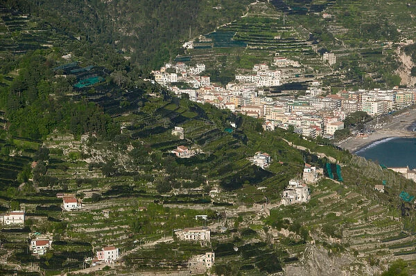 Europe, Italy, Campania (Amalfi Coast) Ravello: Late Afternoon view of Terraces & Minori