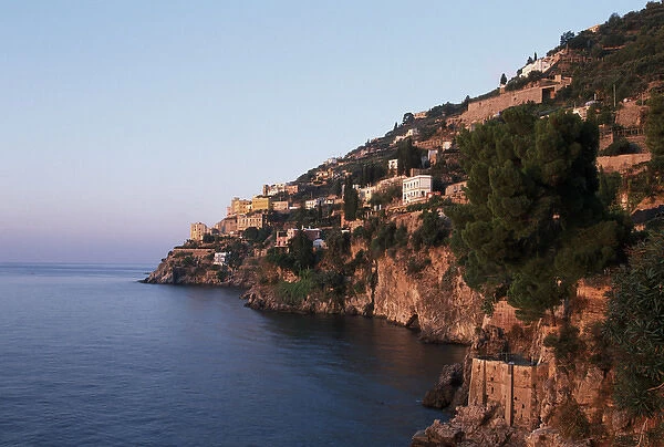 Europe, Italy, Campania, Amalfi Coast Watchtowers and houses perched above Gulf