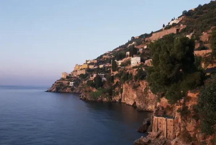 Framed Print : Europe, Italy, Campania, Amalfi Coast Watchtowers and houses perched above Gulf