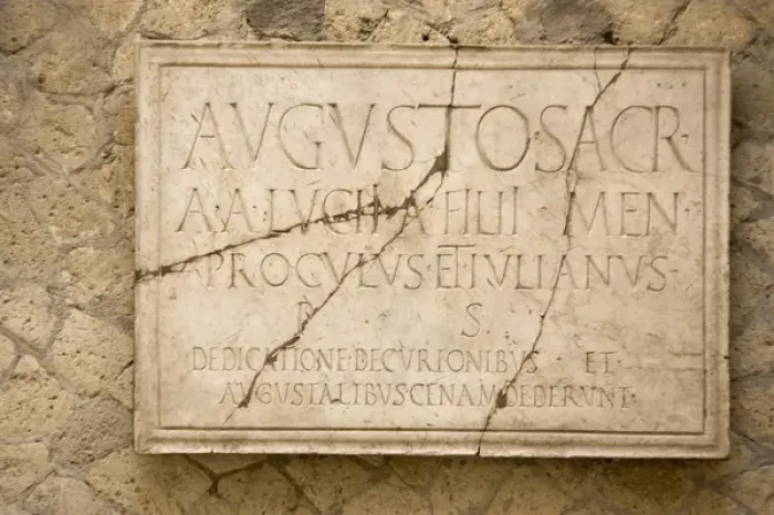 Framed Print : Europe, Italy, Campania, Herculaneum. Sign dedicating the Hall of the Augustals to Emperor Augustus Framed Print : Europe, Italy, Campania, Herculaneum. Sign dedicating the Hall of the Augustals to Emperor Augustus