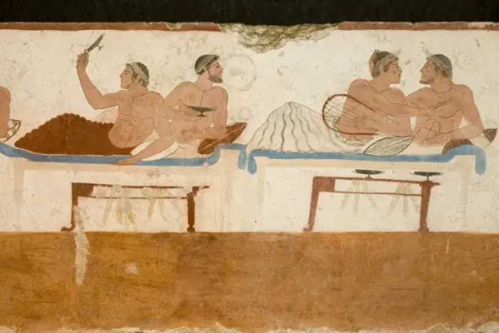 Framed Print : Europe, Italy, Campania, Paestum. Fresco details from the Divers Tomb. Credit as Framed Print : Europe, Italy, Campania, Paestum. Fresco details from the Divers Tomb. Credit as