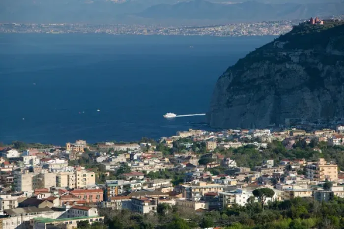 Framed Print : Europe, Italy, Campania, (Sorrento Penninsula), Vico Equense: Town View Aerial