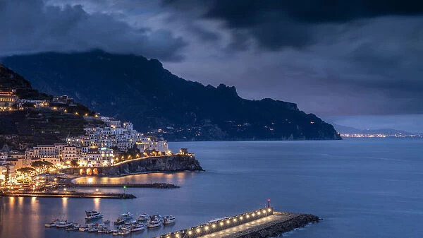 Europe, Italy, Campania. Sunset on town and Amalfi Coast
