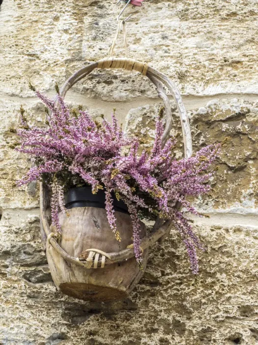 Framed Print : Europe, Italy, Chianti. Basket of flowers hanging on a stone wall Framed Print : Europe, Italy, Chianti. Basket of flowers hanging on a stone wall