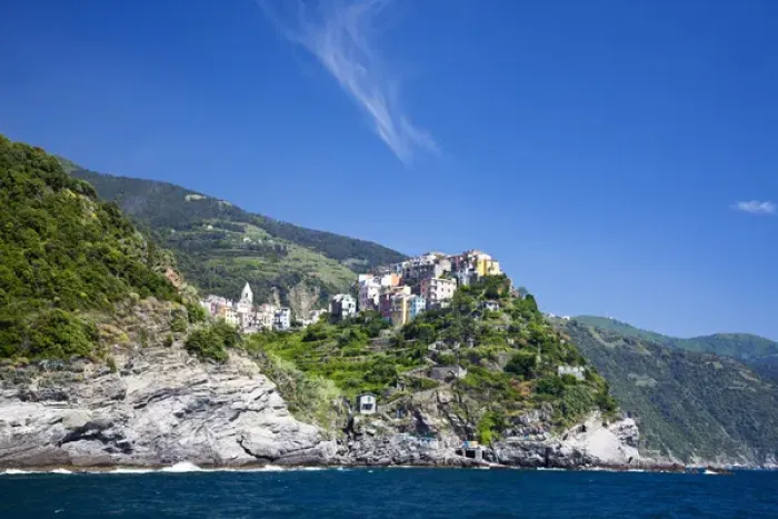 Framed Print : Europe; Italy; Cinque Terre; Corniglia; View of the Hillside town of Corniglia Fron
