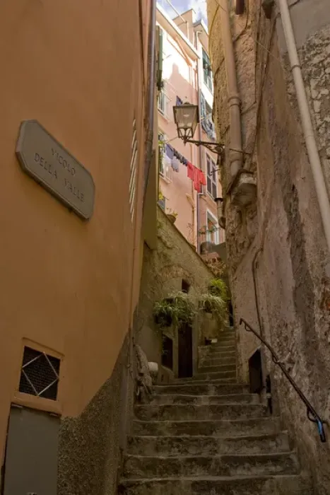 Framed Print : Europe, Italy, Cinque Terre, Riomaggiore. Steep steps between buildings. Credit as Framed Print : Europe, Italy, Cinque Terre, Riomaggiore. Steep steps between buildings. Credit as