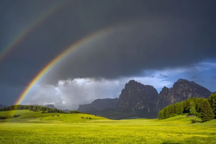 Framed Print : Europe, Italy, Dolomites, Alpe di Siusi. Double rainbow over mountain meadow. Credit as Framed Print : Europe, Italy, Dolomites, Alpe di Siusi. Double rainbow over mountain meadow. Credit as