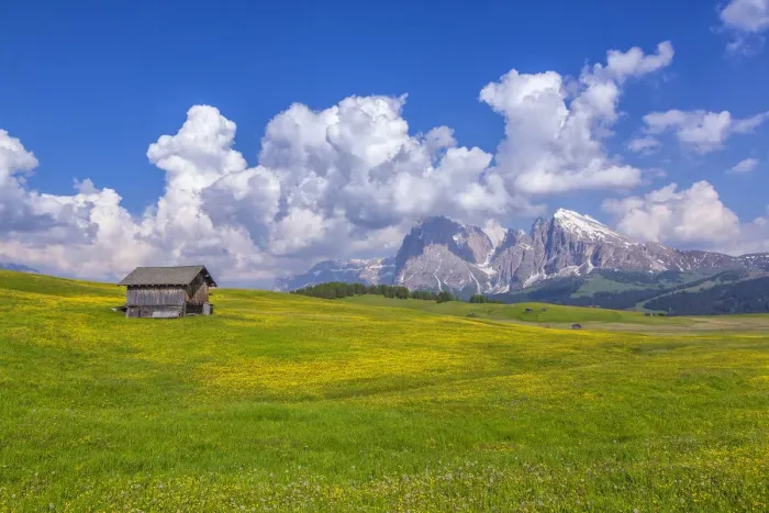 Framed Print : Europe, Italy, Dolomites, South Tyrol. Mountains and hut in meadow