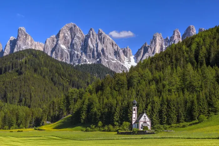 Framed Print : Europe, Italy, Dolomites, Val di Funes. Chapel of St. Barbara in mountain valley. Credit as Framed Print : Europe, Italy, Dolomites, Val di Funes. Chapel of St. Barbara in mountain valley. Credit as