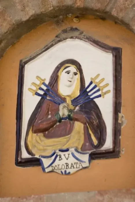 Framed Print : Europe, Italy, Dozza. Ceramic plaque of the Virgin Mary with seven swords piercing her heart