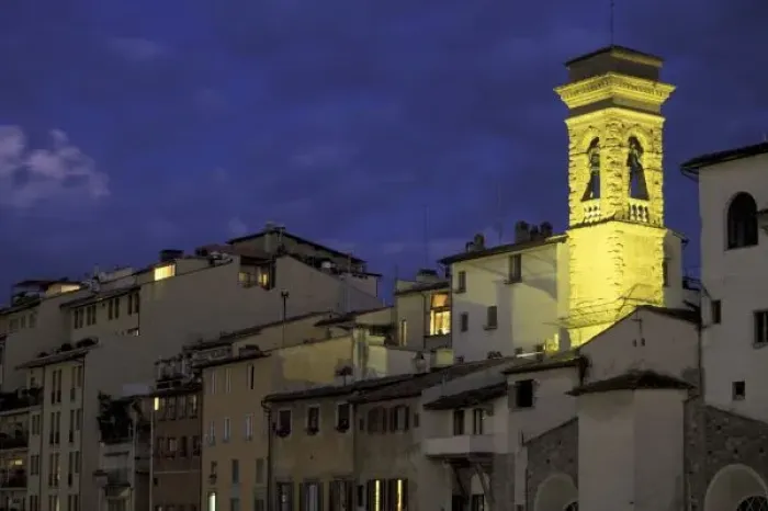Framed Print : Europe, Italy, Florence, Architectural detail; lit belltower, evening