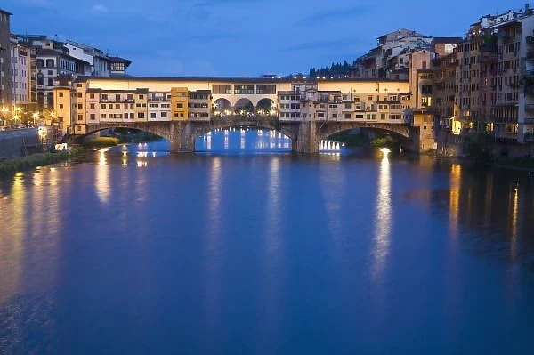 Europe, Italy, Florence, Night Reflections in the River Arno and the Ponte Vecchio Bridge