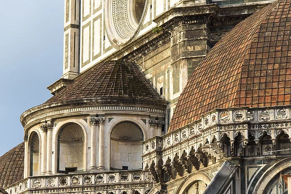 Europe, Italy, Florence. Detail of ornate Duomo architecture and design. Morning light