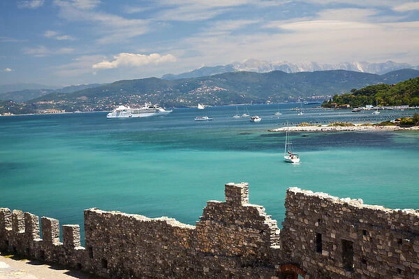Europe; Italy; La Spezia; Portovenere; Portovenerre Harbor with Cruise Ship at Anchor