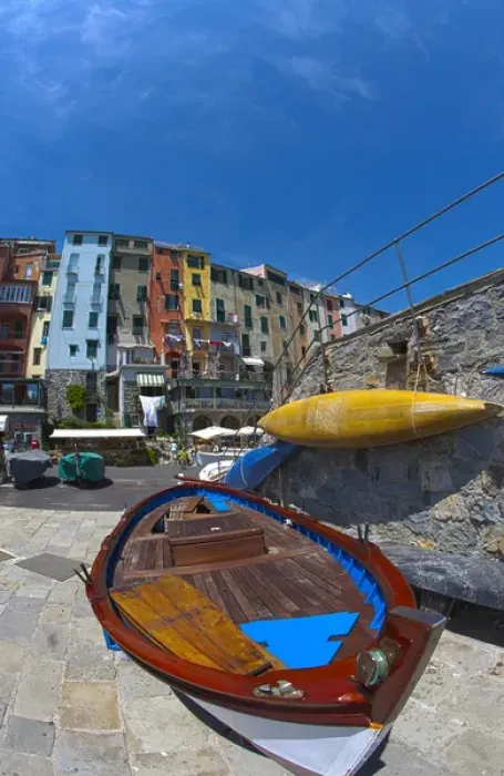 Framed Print : Europe; Italy; La Spezia; Portovenere; Small Fishing Boat with City in Background