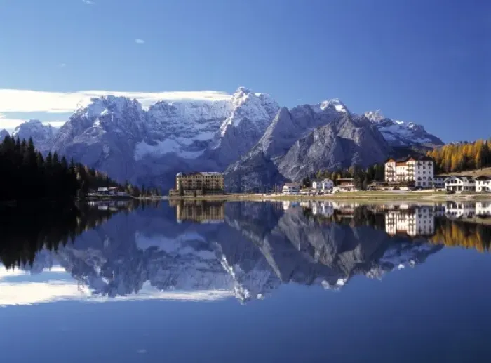 Framed Print : Europe, Italy, Lago Misurina. Lake Misurina is a mirror for the Tre Cime di Lavaredo Mountains