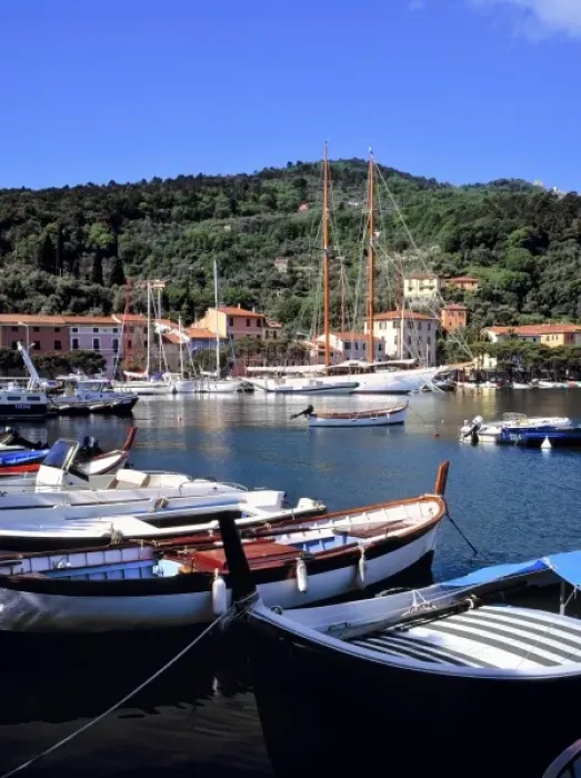 Framed Print : Europe, Italy, Le Grazie. Brightly colored boats dock in the harbor at Le Grazie, Liguria, Italy