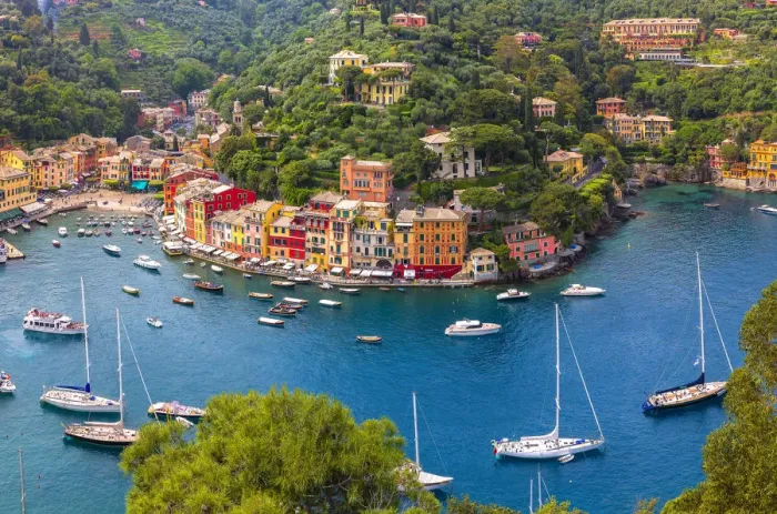Framed Print : Europe, Italy, Liguria, Portofino. Aerial view of town and harbor Framed Print : Europe, Italy, Liguria, Portofino. Aerial view of town and harbor