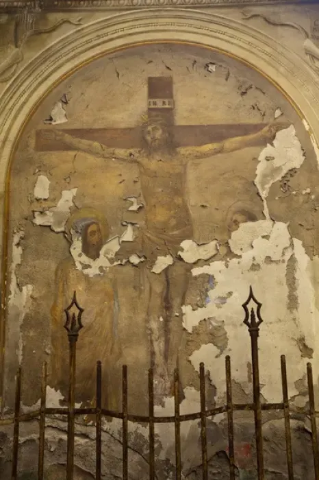 Framed Print : Europe; Italy; Lucca; Weathered Fresco in Lucca Depicting Jesus Crucifixion