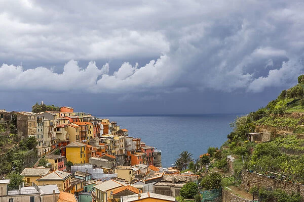Europe, Italy, Manarola. Landscape with town and ocean