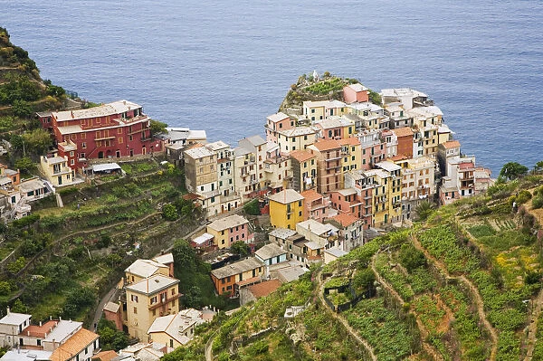 Europe, Italy, Manarola. Overview of town