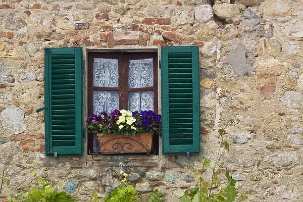 Europe; Italy; Monteriggoni; Flower Box full of Spring Flowers and Window Shutter