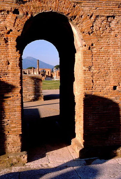 Europe, Italy, Pompeii. Ruins of Pompeii. Mt. Vesuvius in distance