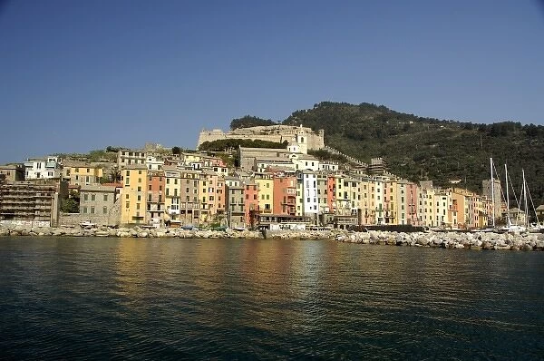 Europe, Italy, Portovenere aka Porto Venere. Colorful fishing village, fortress walls