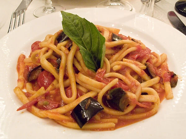 Europe, Italy, Positano. Plate of pasta and eggplant