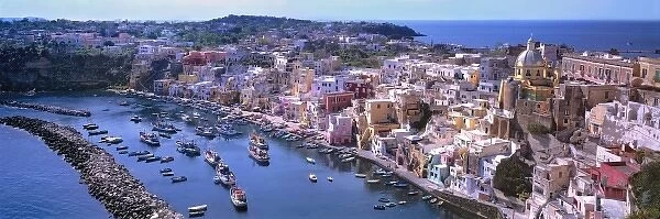 Europe, Italy, Procida. The colorful buildings of Corricella face the harbor on the Isle of Procida