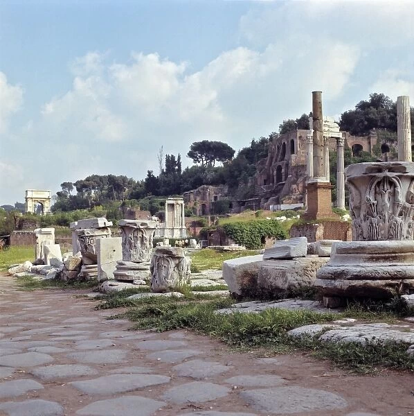 Europe, Italy, Rome. Smaller ruins reside along the Via Sacra in The Forum, a World Heritage Site